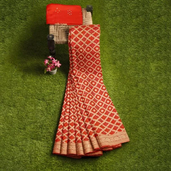 Red Rai Bandhani Saree with Gota Work - Image 2