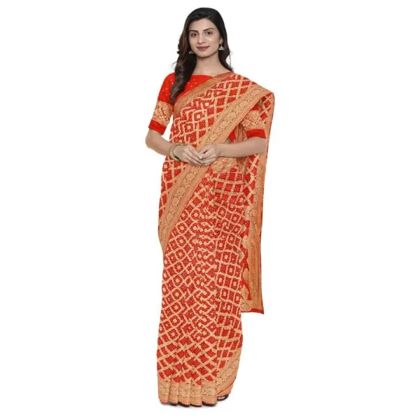 Red Rai Bandhani Saree with Gota Work - Image 4