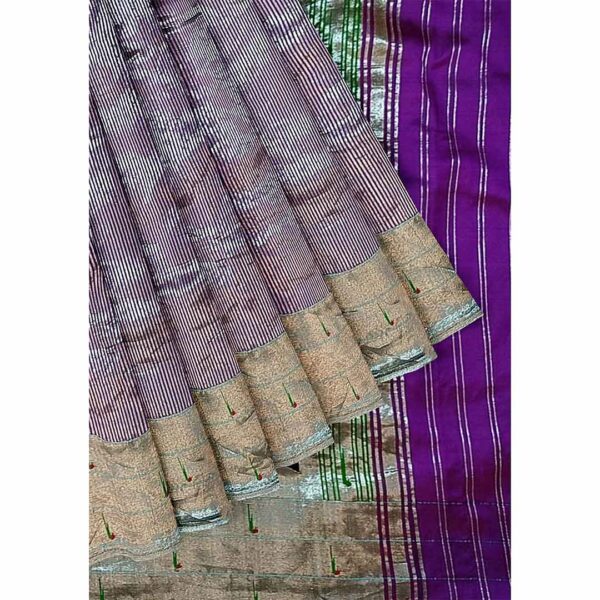 Grey with Purple Stripes Paithani Silk Saree