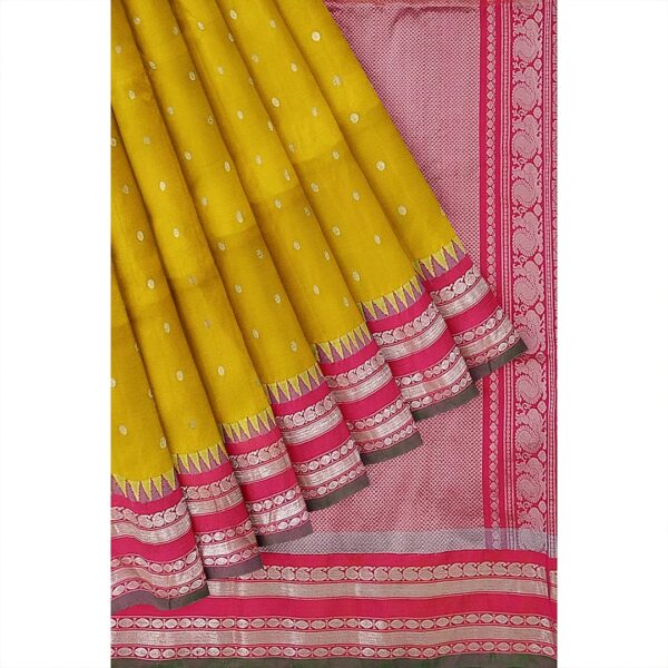 Golden Yellow Gadwal Silk Saree With Pink Border