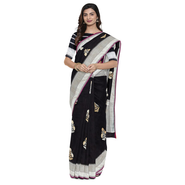 Black Color Banarasi Silk Saree With Floral Motifs