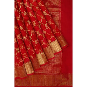 Red Color Chanderi Silk Saree With All Over Booti Design