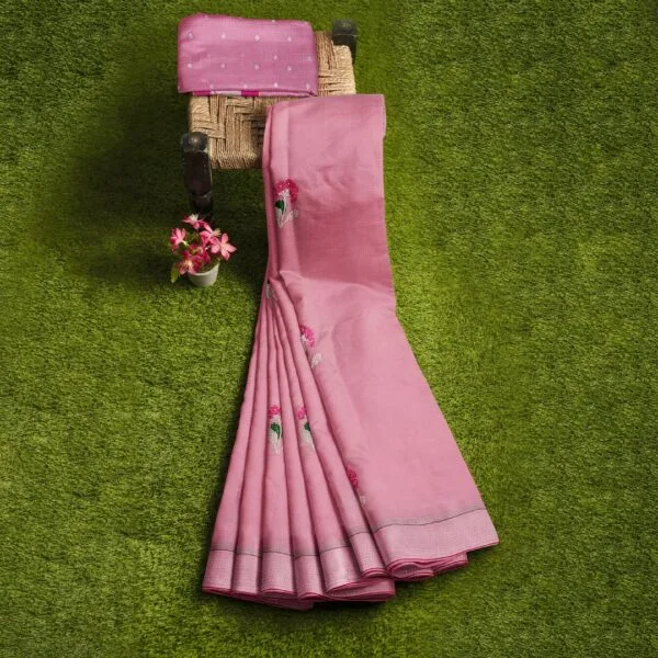 Pink Colour Zarikota Saree With Floral Design - Image 2