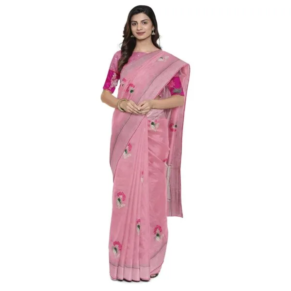 Pink Colour Zarikota Saree With Floral Design - Image 3