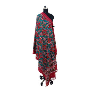 Teal Green And Red Patan Patola Dupatta With Fish Design