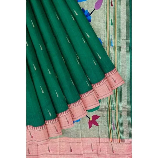 Bottle Green Colour Single Muniya Paithini Cotton Saree With Beautiful Peacock Pallu Design