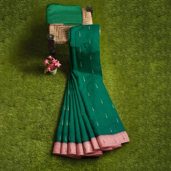 Bottle Green Colour Single Muniya Paithini Cotton Saree With Beautiful Peacock Pallu Design - Image 2
