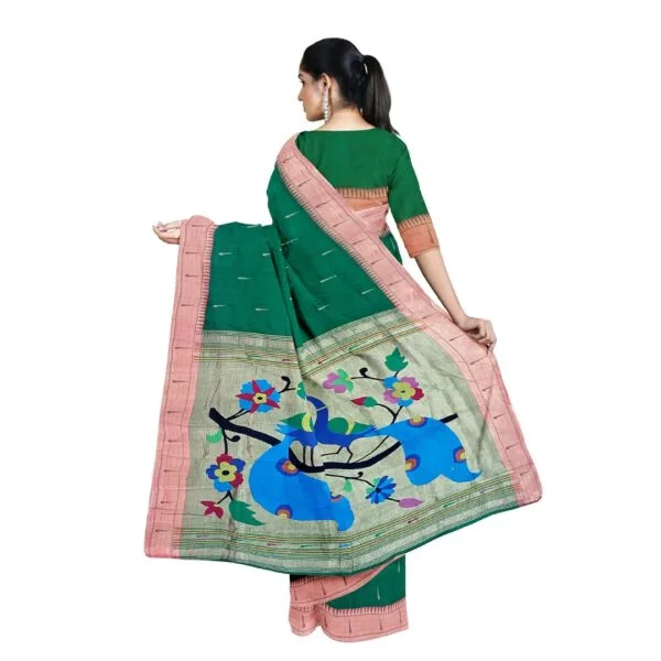 Bottle Green Colour Single Muniya Paithini Cotton Saree With Beautiful Peacock Pallu Design - Image 3