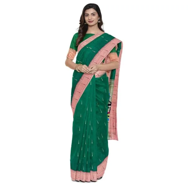 Bottle Green Colour Single Muniya Paithini Cotton Saree With Beautiful Peacock Pallu Design - Image 4
