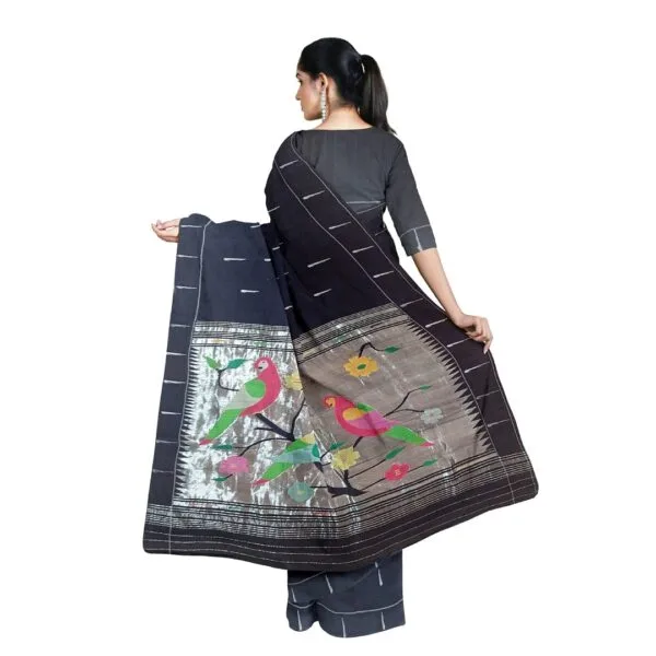 Black Colour Paitini Cotton Saree With All Over Booties And Beautiful Peacock Design - Image 3