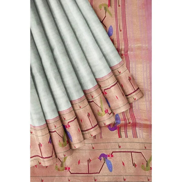 Off White And Reddish Gold Colour Paithani Silk Saree With Beautiful Parrot And Peacock Design