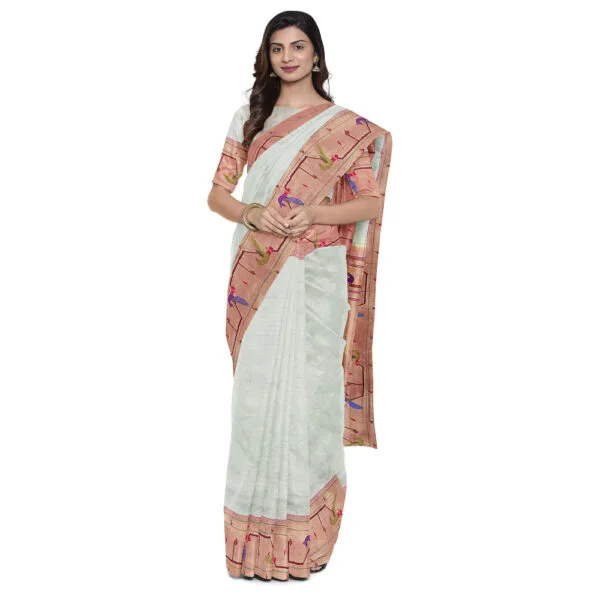 Off White And Reddish Gold Colour Paithani Silk Saree With Beautiful Parrot And Peacock Design - Image 2