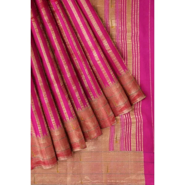 Pink Colour Triple Muniya  Paithani Silk Saree With Stripes And Beautiful Peacock Design