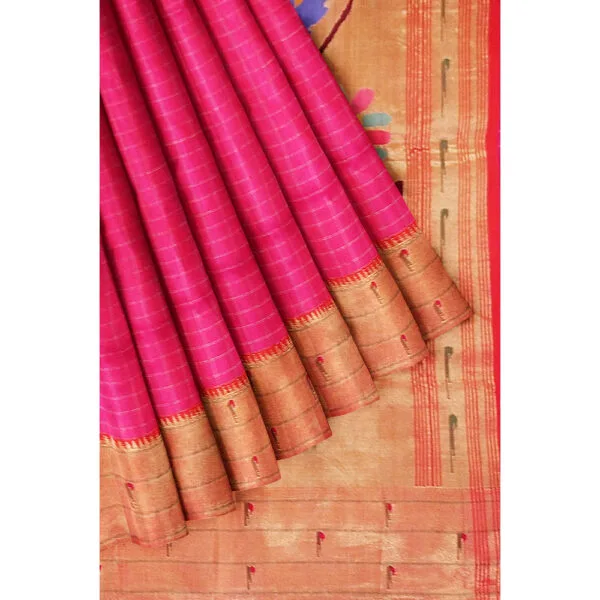 Pink Colour  Triple Muniya Paithani Silk Saree With Checks Design And Beautiful Peacock And Floral Design Pallu