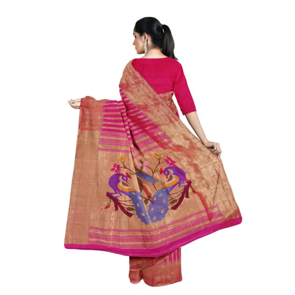 Pink Colour Triple Muniya  Paithani Silk Saree With Stripes And Beautiful Peacock Design - Image 3