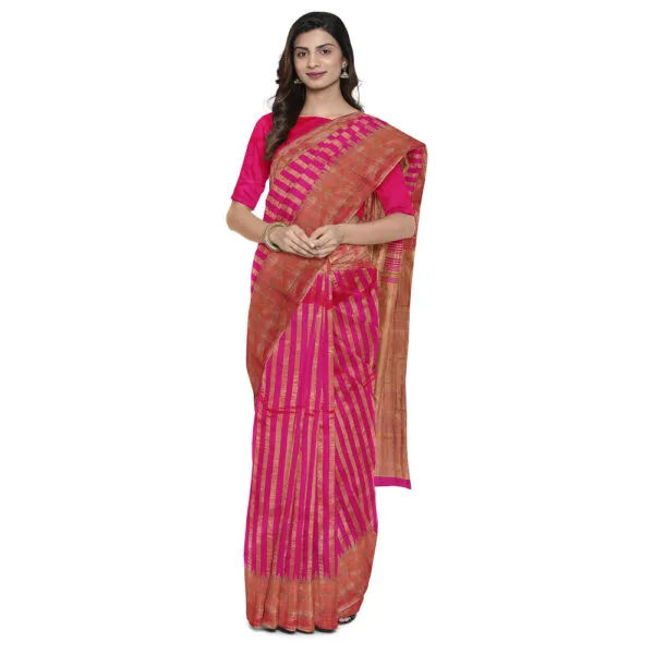 Pink Colour Triple Muniya  Paithani Silk Saree With Stripes And Beautiful Peacock Design - Image 2