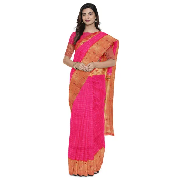 Pink Colour  Triple Muniya Paithani Silk Saree With Checks Design And Beautiful Peacock And Floral Design Pallu - Image 2