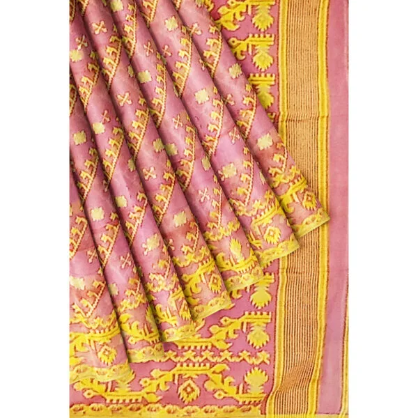 Onion Pink And Yellow Colour Dhaka Jamdani Saree With Beautiful All Over Floral Design