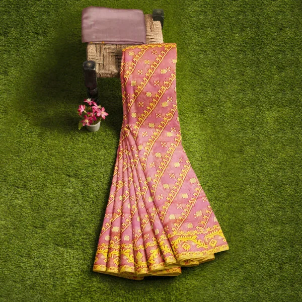 Onion Pink And Yellow Colour Dhaka Jamdani Saree With Beautiful All Over Floral Design - Image 3
