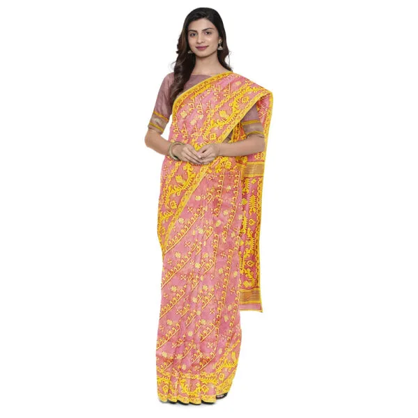 Onion Pink And Yellow Colour Dhaka Jamdani Saree With Beautiful All Over Floral Design - Image 2