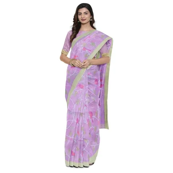 Lavendar Colour Dhaka Jamdani Saree With Beautiful  Parrot Design - Image 2