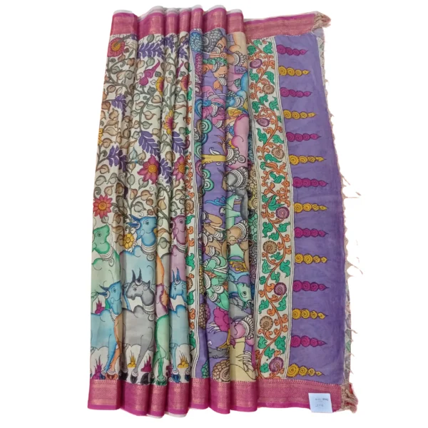 Pen kalamkari saree with beautifu floral and cow design - Image 4