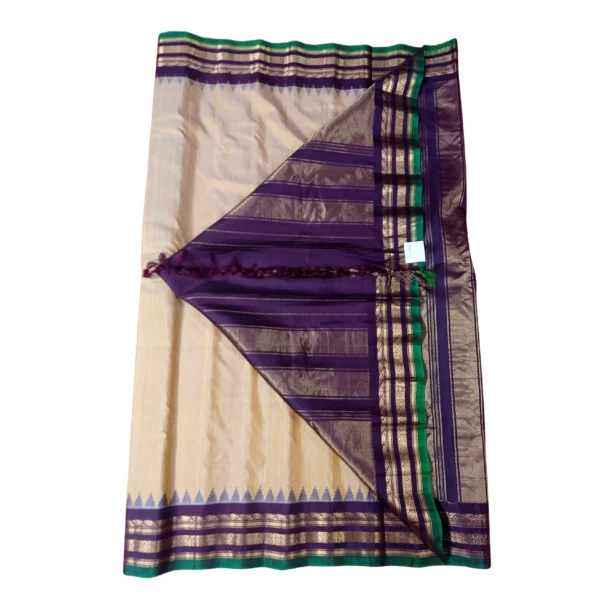 Magenta and hues of yellow colour gadwal jute silk saree with beautiful temple border - Image 2