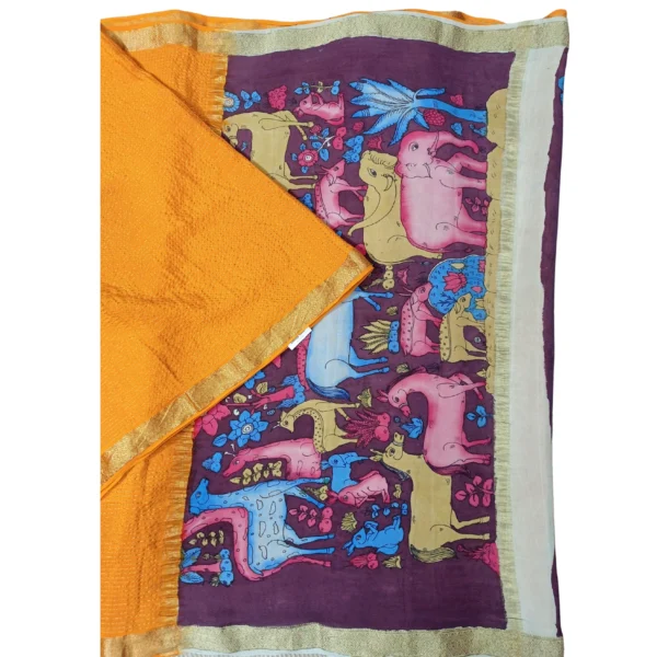 Mustard yellow and maroon colour Mysore silk and kalamkari saree with beautiful animal motifs - Image 2