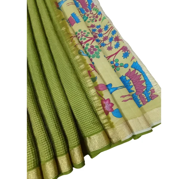 Green colour Mysore silk and kalamkari saree with beautiful swan and parrot design