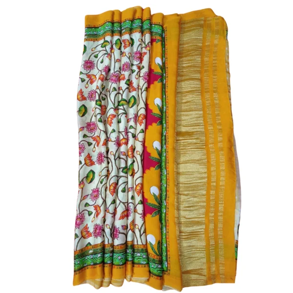 Yellow and off white colour gajji Pichwai silk saree with beautiful floral and cow design - Image 4