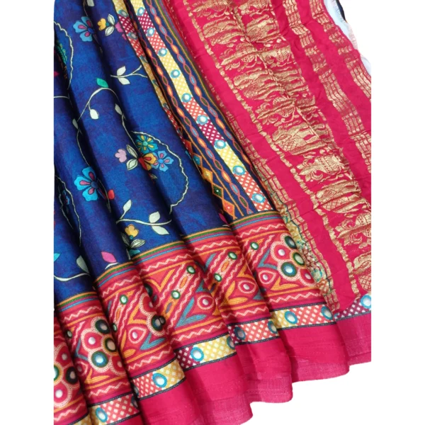 Red and blue gajji Pichwai silk saree with beautiful floral and elephant design