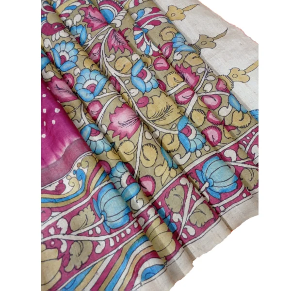 Pink colour Bandhini tussar silk saree with beautiful kalamkari design