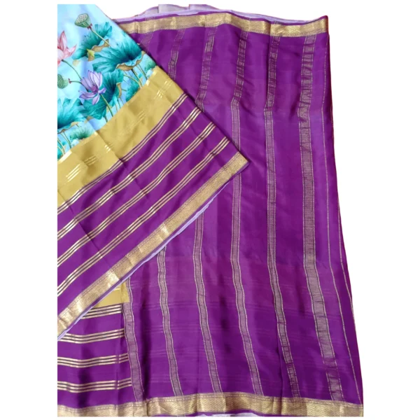 Multi colour Hand painted Mysore silk saree with beautiful floral design - Image 2