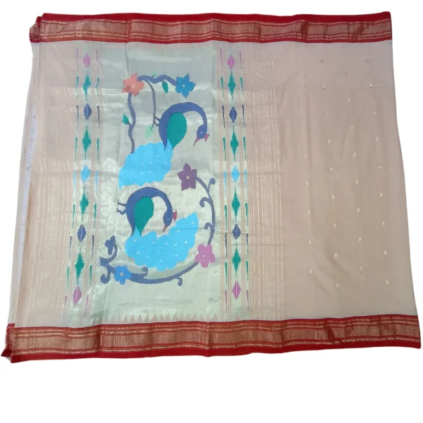 Peach colour paithani cotton saree with beautiful peacock design on pallu - Image 2