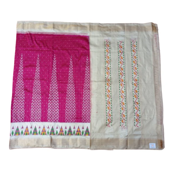 Off-white and pink colour double ikkat silk saree with beautiful temple border design - Image 3