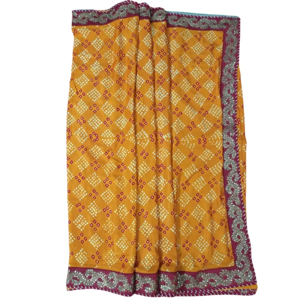 Mustard colour Bandhini gajji silk saree with beautiful hand work - Image 3