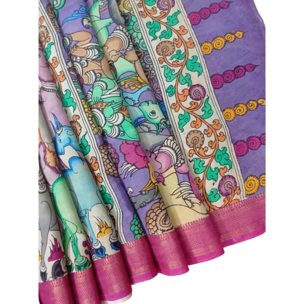 Pen kalamkari saree with beautifu floral and cow design