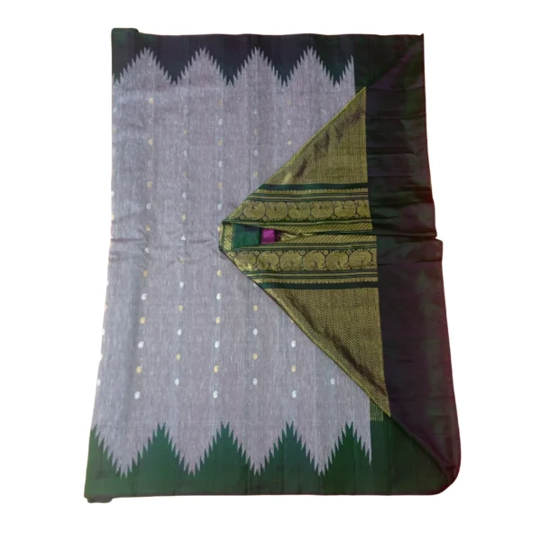 Bottle green and grey colour gadwal Lenin saree with beautiful temple border - Image 2