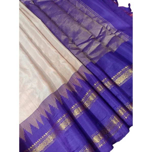 Peach and dark purple gadwal jute silk saree with beautiful temple border
