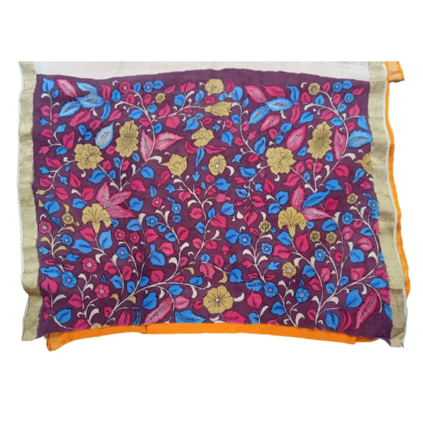 Mustard yellow and maroon colour Mysore silk and kalamkari saree with beautiful animal motifs - Image 5