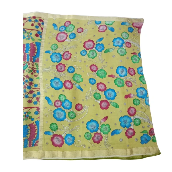 Green colour Mysore silk and kalamkari saree with beautiful swan and parrot design - Image 5