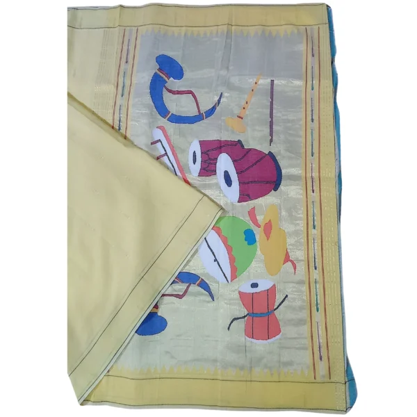 Yellow colour single muniya paithani cotton saree with beautiful musical instruments on the top of pallu