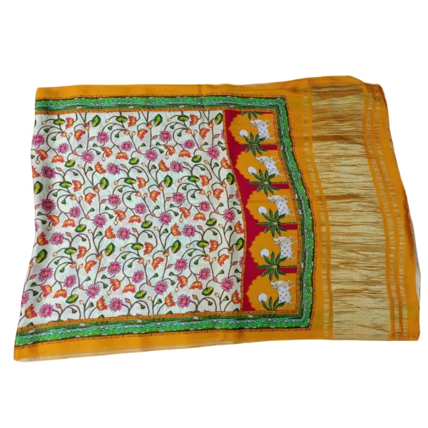 Yellow and off white colour gajji Pichwai silk saree with beautiful floral and cow design - Image 3