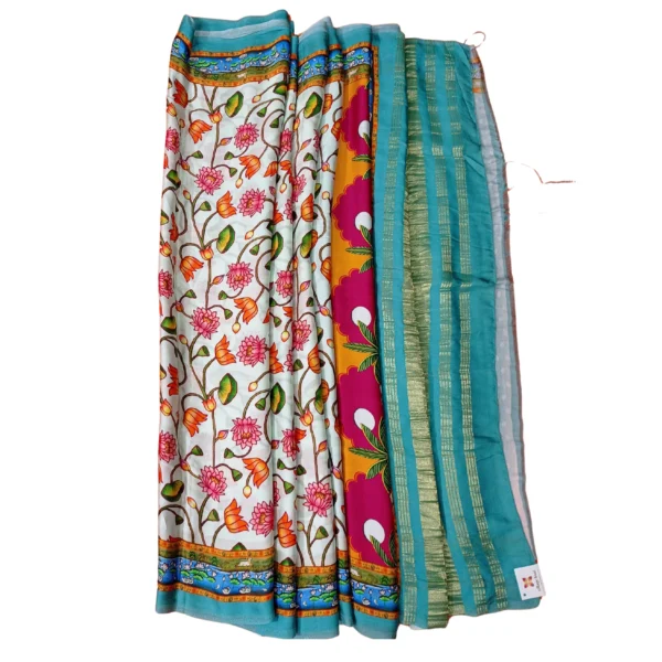 Hues of white colour gajji Pichwai silk saree with beautiful floral and cow design - Image 4