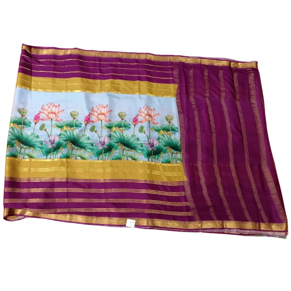 Multi colour Hand painted Mysore silk saree with beautiful floral design - Image 3