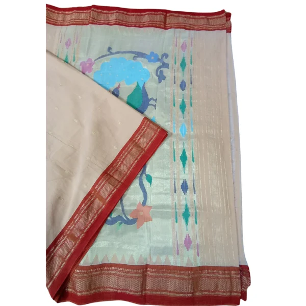 Peach colour paithani cotton saree with beautiful peacock design on pallu