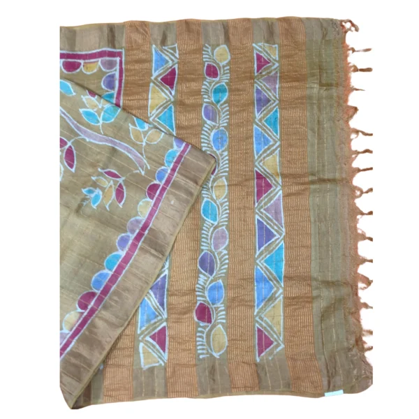 Olive green colour tussar silk saree with beautiful batik printed peacock design - Image 2
