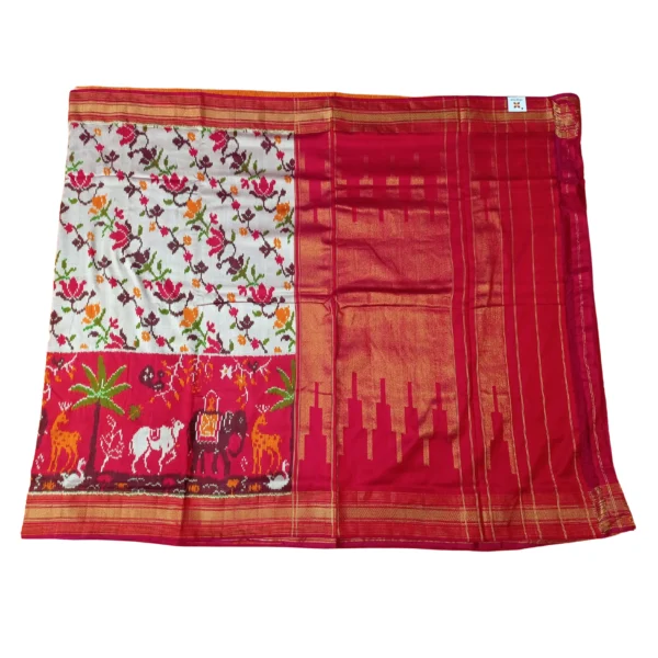 Off-white and red colour twill patola double ikkat saree with beautiful story design - Image 3