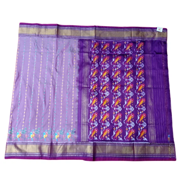 Lavendar and purple colour double ikkat silk saree with beautiful parrot design - Image 3