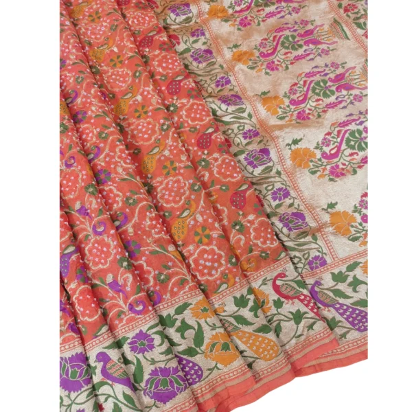 Orange colour bandhani paithani saree with beautiful Peacock and lotus design